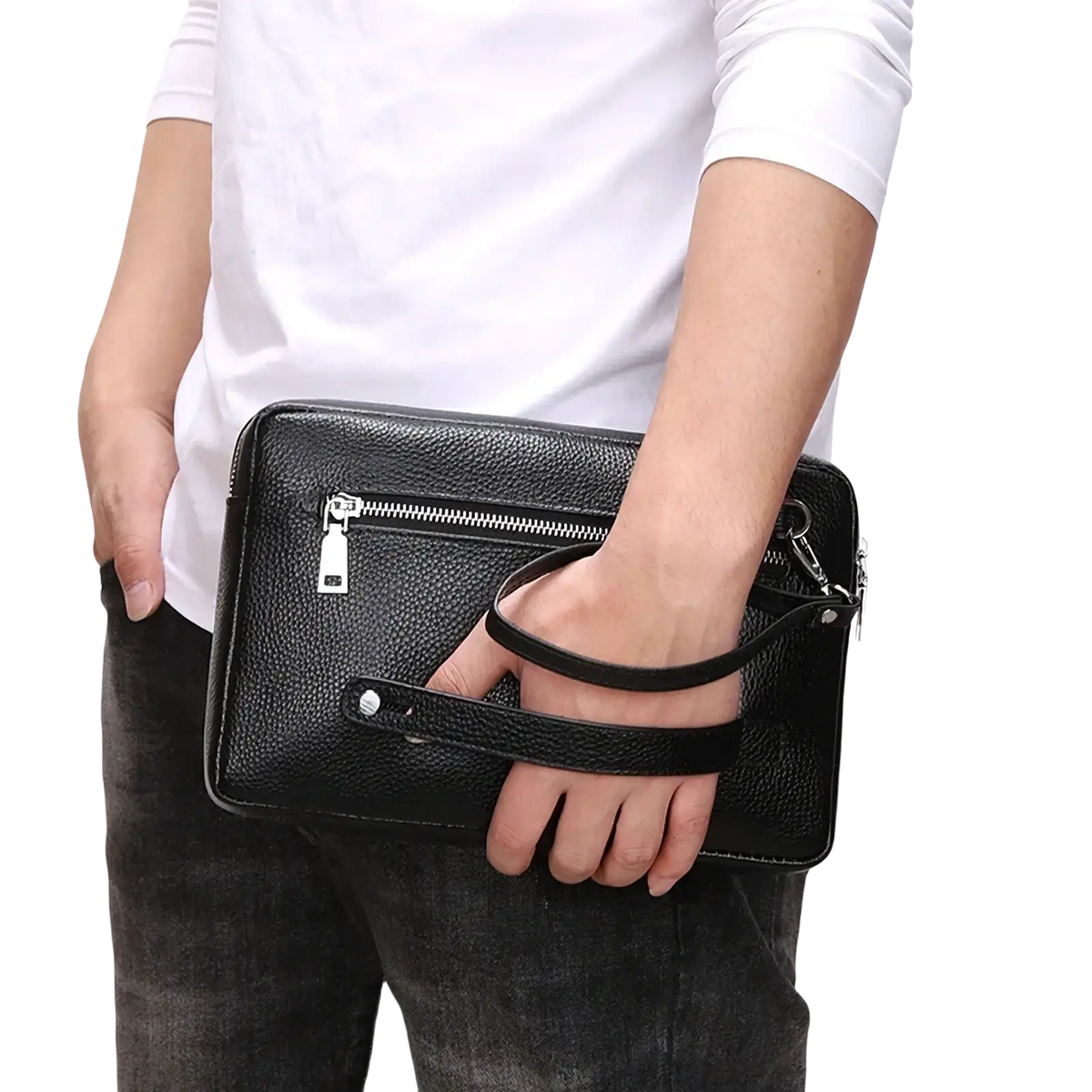Genuine leather men clutch wallet in black with textured surface double silver zipper and matching wrist strap