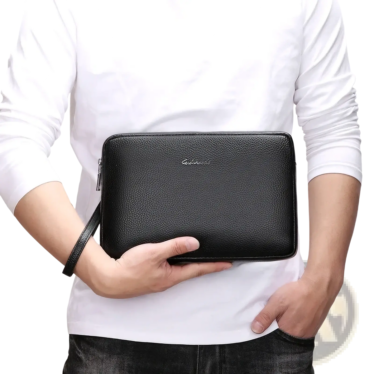 Genuine leather men clutch wallet double zipper black textured wristlet with subtle silver logo on the front