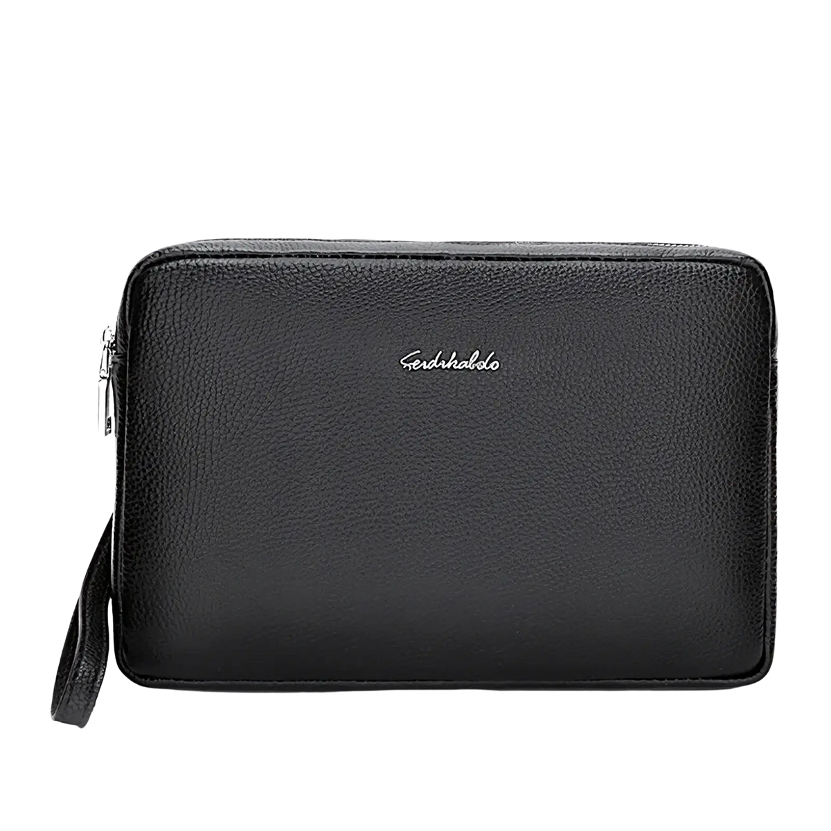 Black textured genuine leather men clutch wallet with double silver zipper and wrist strap for easy carrying