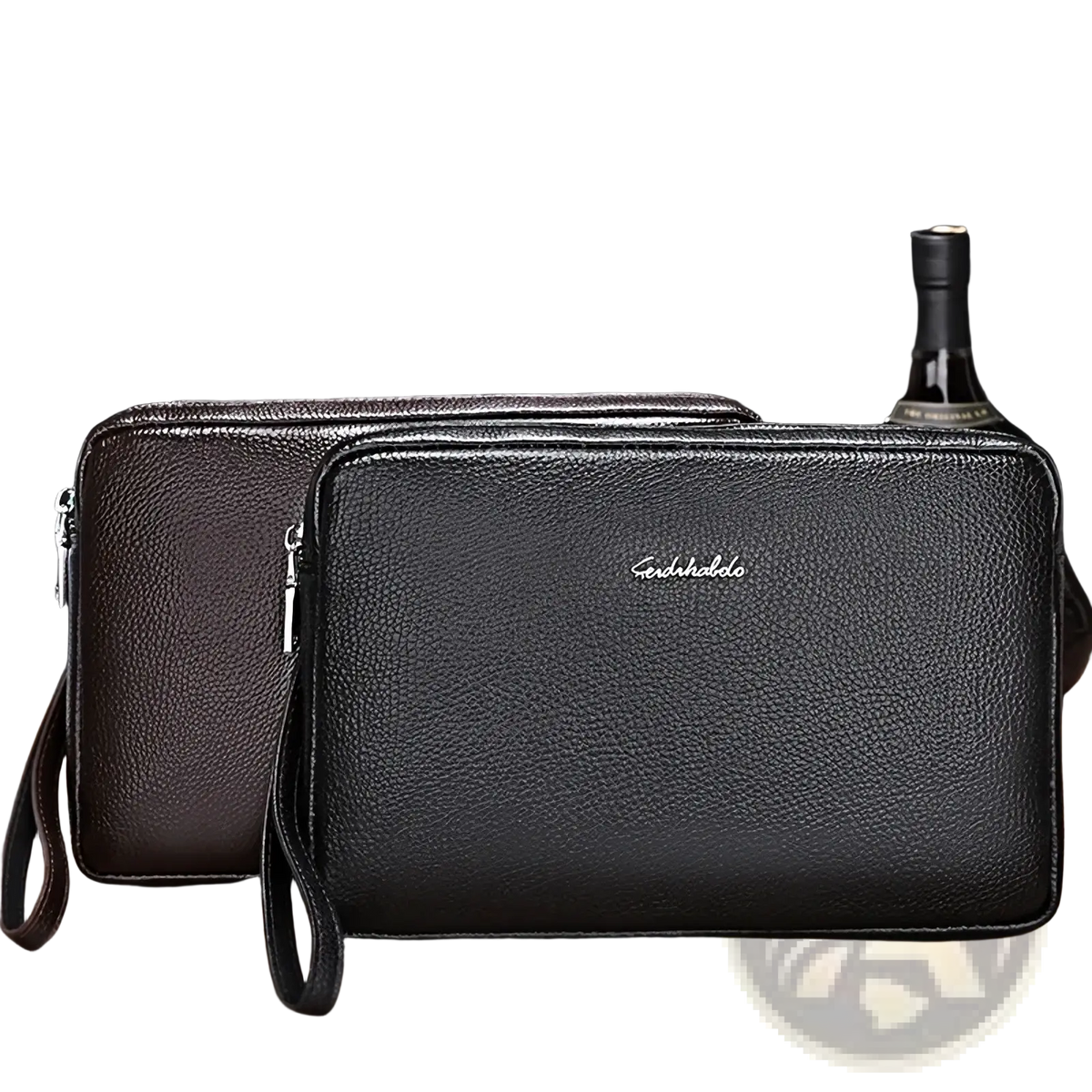Black textured genuine leather men clutch wallet with double silver zipper and brand logo detailing
