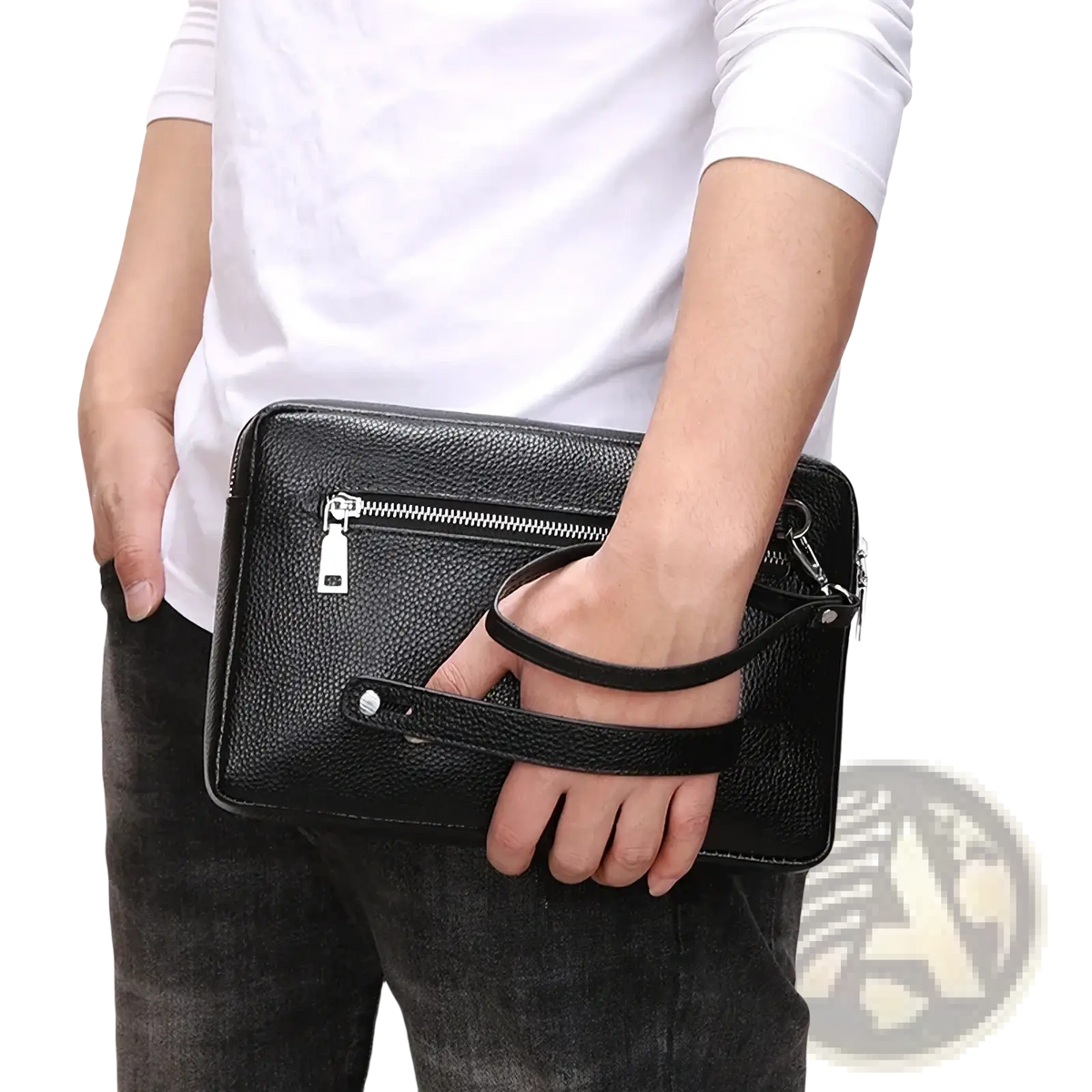 Genuine leather men clutch wallet in black with textured surface double silver zipper and matching wrist strap