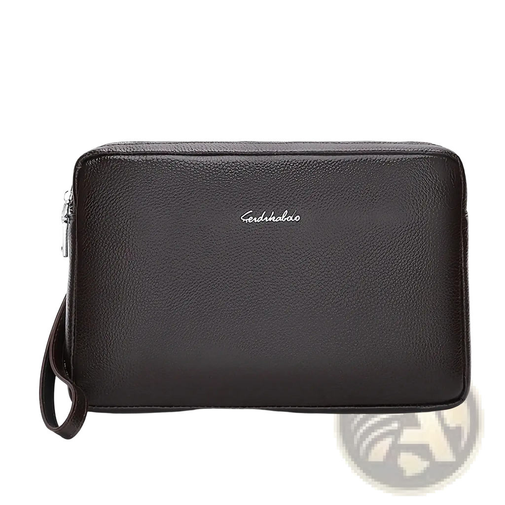 Black leather feidikabolo men clutch wallet with textured surface, double zipper, and silver logo detail