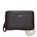 Black leather feidikabolo men clutch wallet with textured surface, double zipper, and silver logo detail
