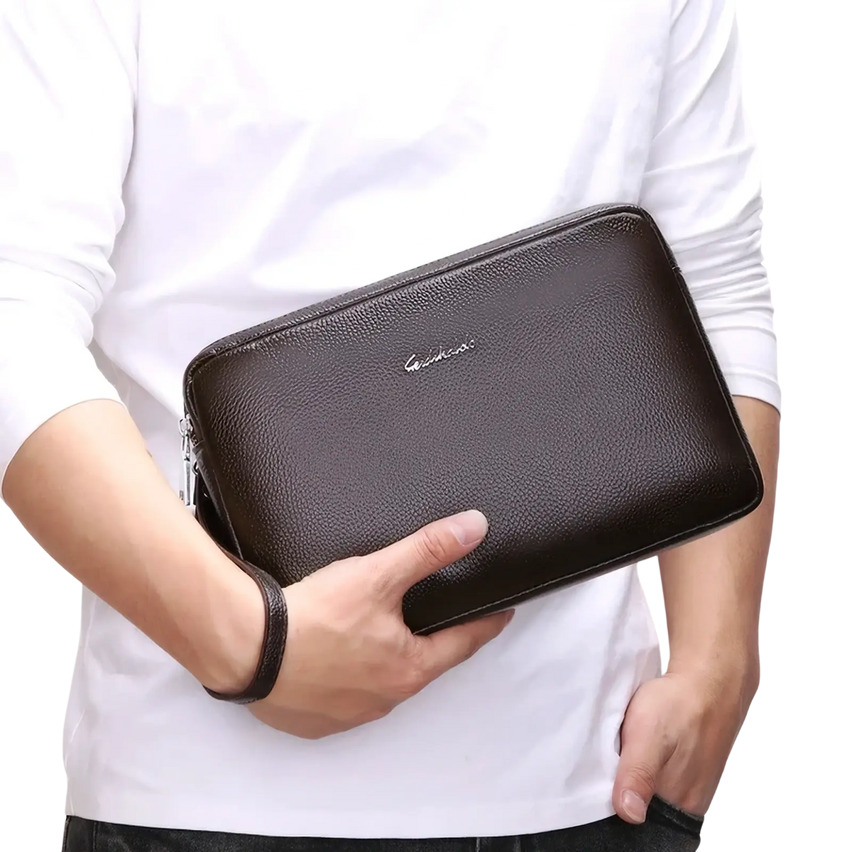 Genuine leather men clutch wallet in brown with textured leather and a subtle silver logo on the front double zipper