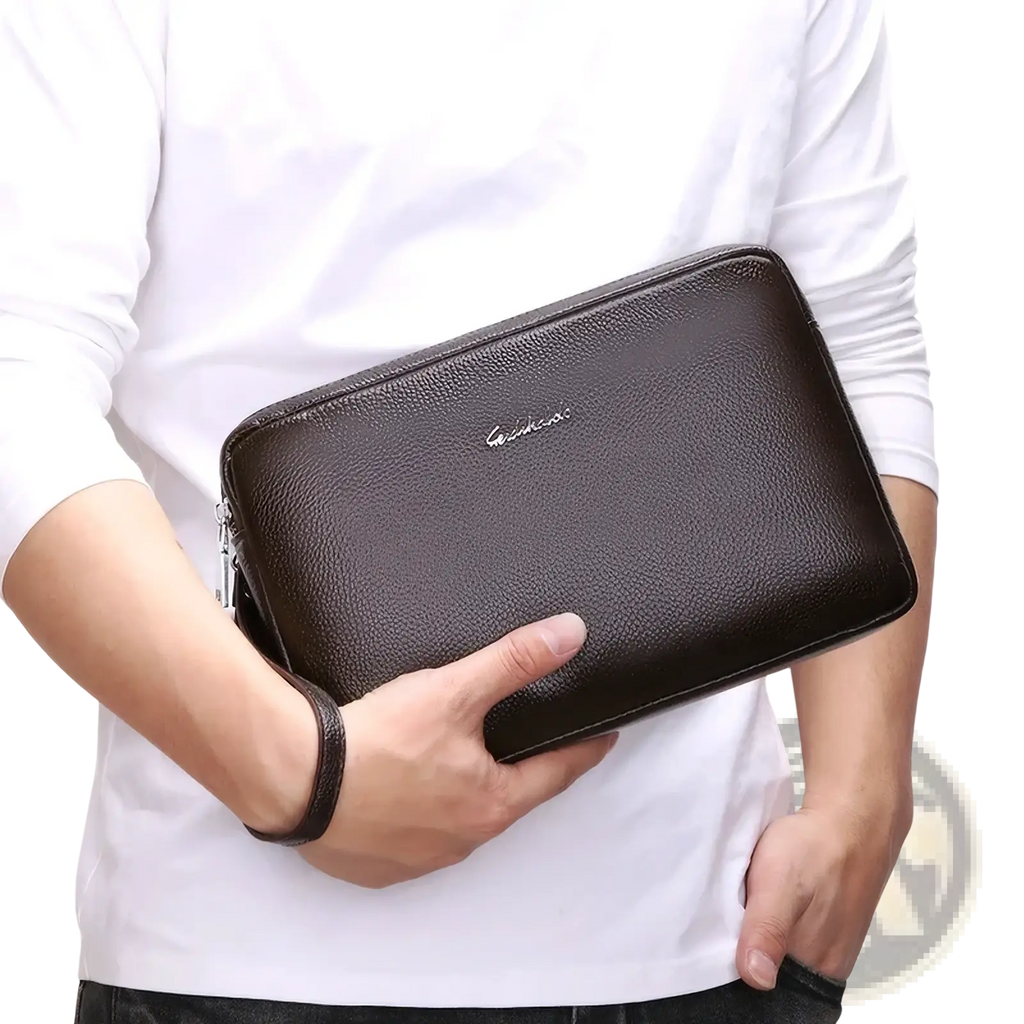 Genuine leather men clutch wallet in brown with textured leather and a subtle silver logo on the front double zipper