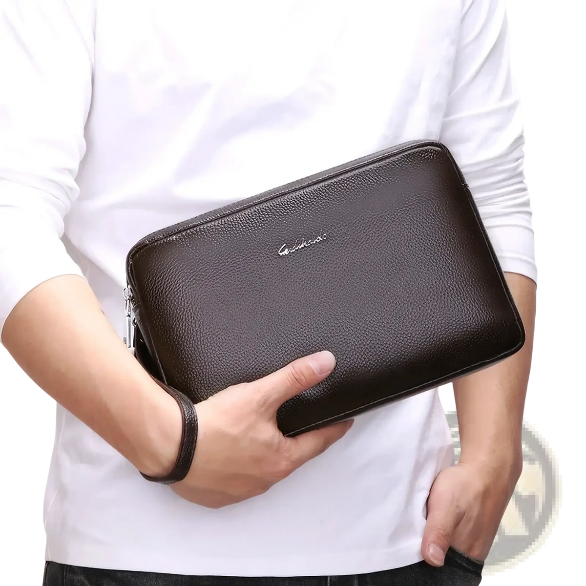 Genuine leather men clutch wallet in brown with textured leather and a subtle silver logo on the front double zipper