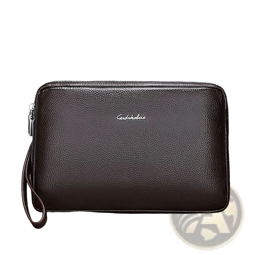 Dark brown genuine leather men clutch wallet with textured finish silver zipper and wrist strap for secure carrying