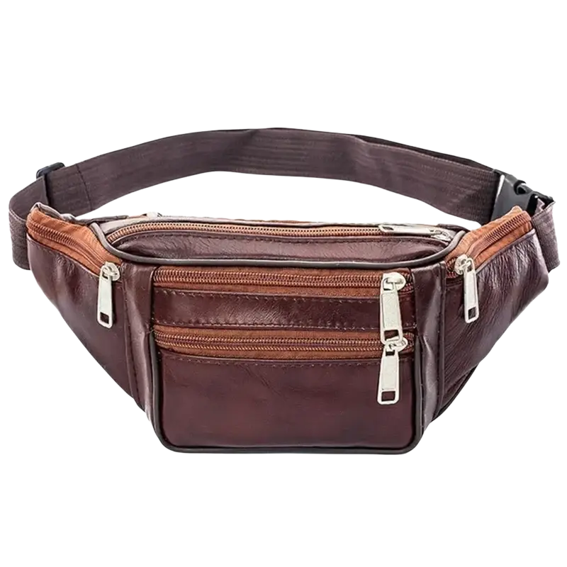 Brown genuine leather men fanny pack chest bag with multiple zippered compartments and adjustable matching strap