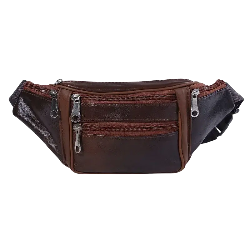 Genuine leather men fanny pack chest bag in brown with multiple zippered compartments and dark brown strap
