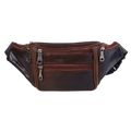 Genuine leather men fanny pack chest bag in brown with multiple zippered compartments and dark brown strap
