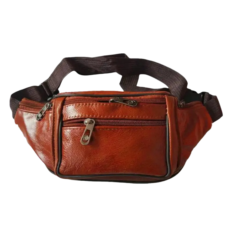 Genuine leather men fanny pack chest bag in brown with multiple zippers and a dark brown adjustable strap