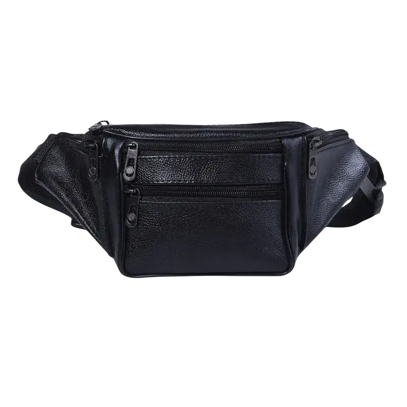 Black genuine leather men fanny pack with multiple zippered compartments and adjustable strap for chest use