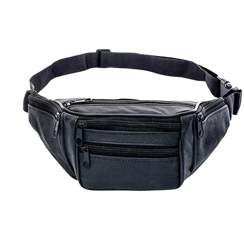 Black genuine leather men fanny pack chest bag with multiple zippered compartments and adjustable strap