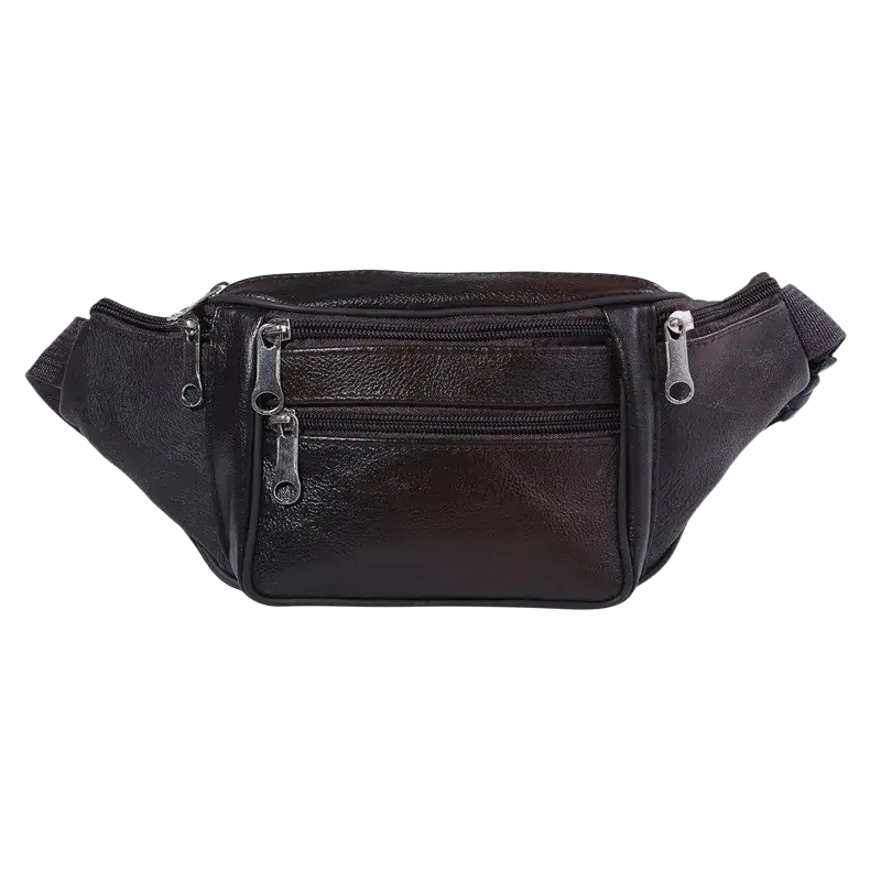 Black genuine leather men fanny pack chest bag with multiple zippers and adjustable strap