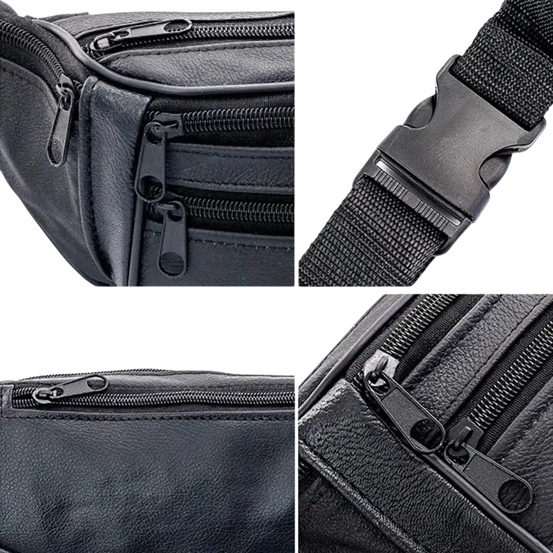 Black genuine leather men fanny pack chest bag with multiple zippers and adjustable strap for versatile use