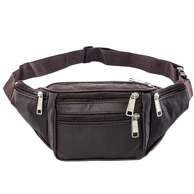 Dark brown genuine leather men fanny pack chest bag with multiple zippered compartments and silver-toned zippers