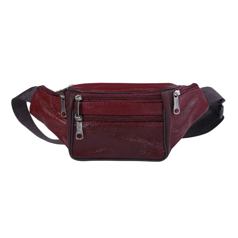 Genuine leather men fanny pack chest bag in maroon with three front zippered compartments and black adjustable straps