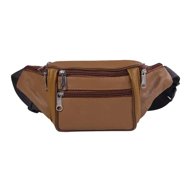 Genuine leather men fanny pack chest bag in tan with multiple zippered compartments and black adjustable strap