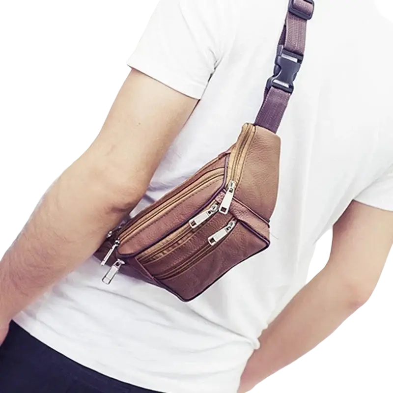 Genuine leather men fanny pack chest bag in brown with multiple zippers and adjustable waist strap