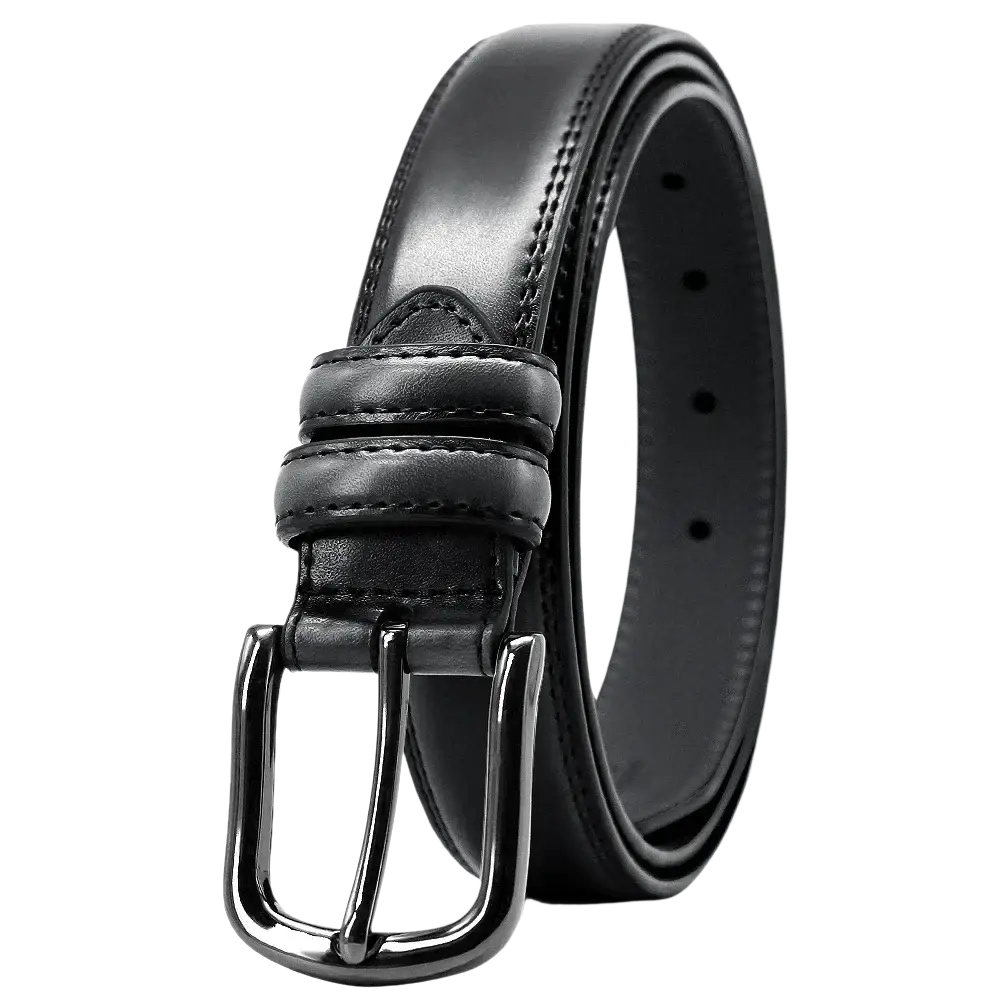 Genuine leather men reversible belt in black with a sleek matte-finished metal buckle