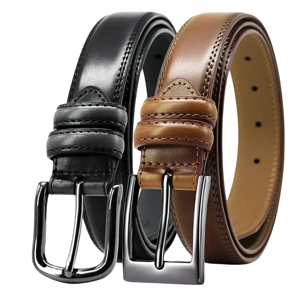 Genuine leather men reversible belt in black and brown leather with stitched edges and metallic buckles