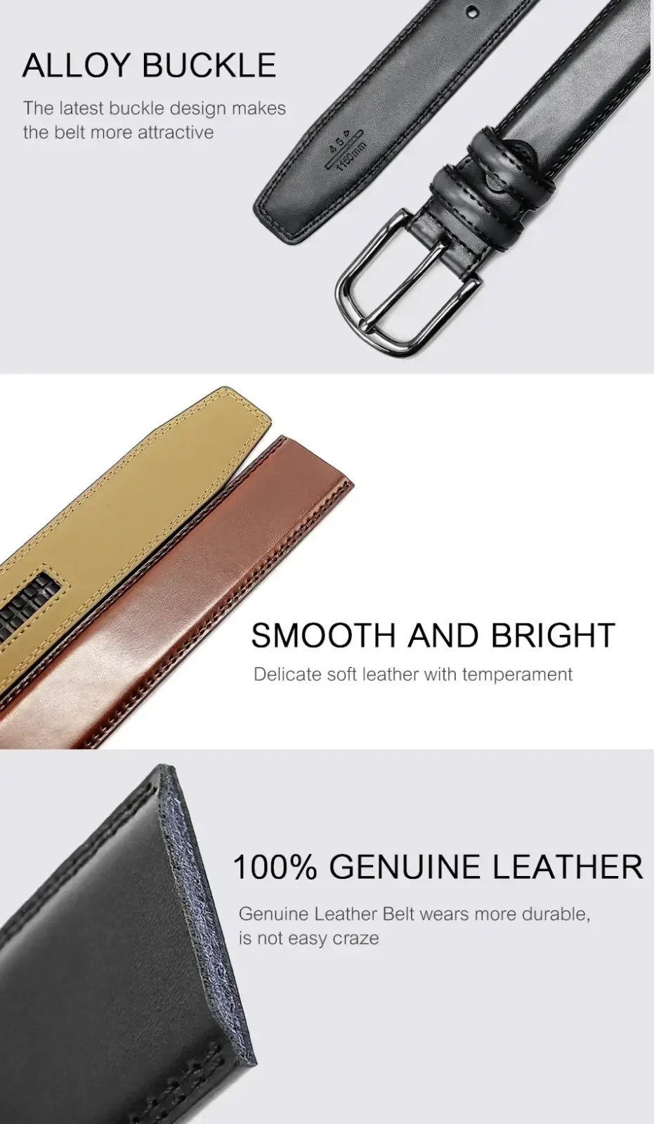 Genuine leather men reversible belt in black with a sleek alloy buckle and smooth bright finish