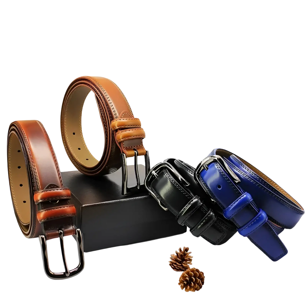 Genuine leather men reversible belt in brown with polished silver buckle and contrasting tan stitching