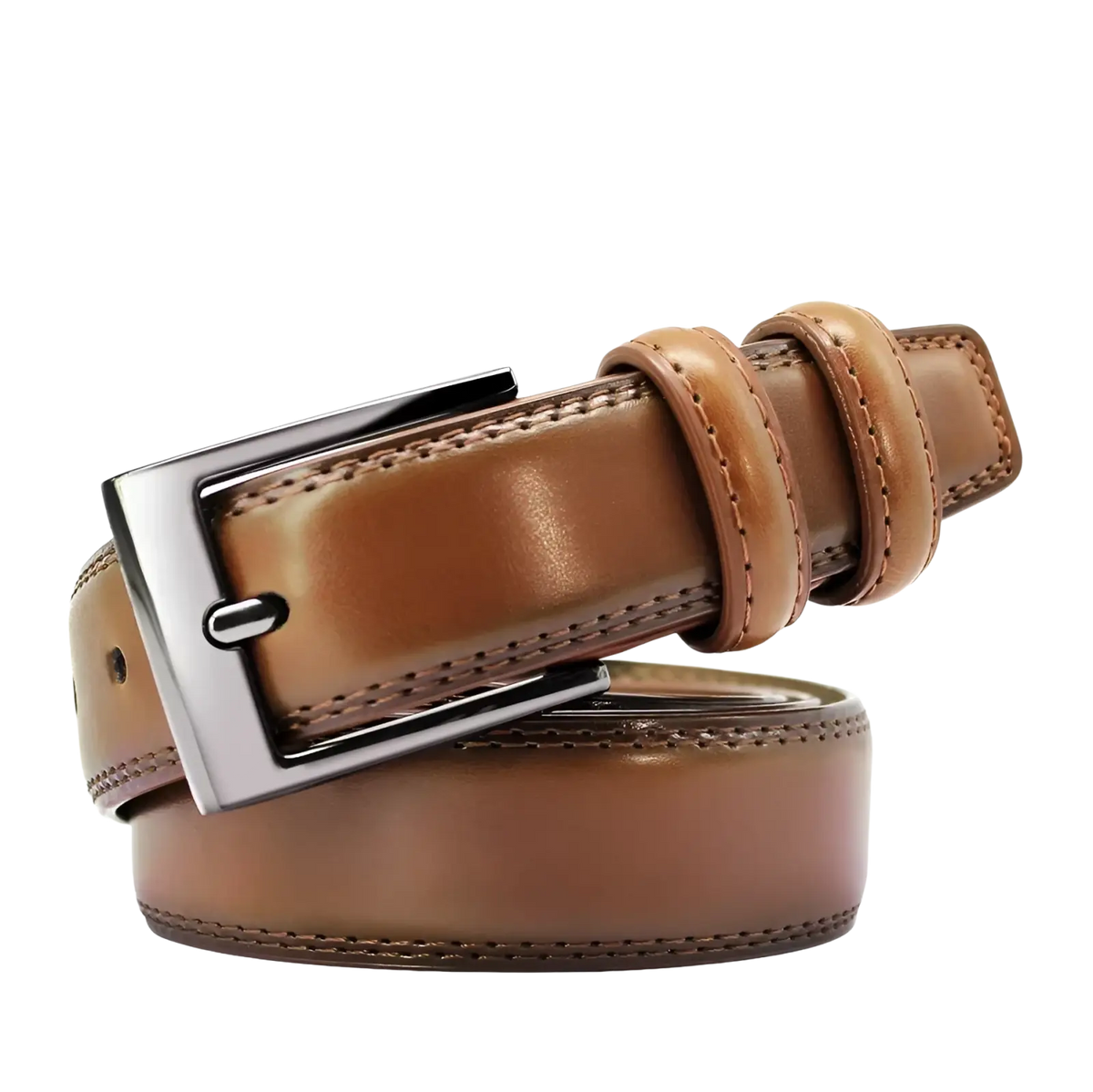 Genuine leather men reversible belt in brown with a sleek silver buckle and precise stitching