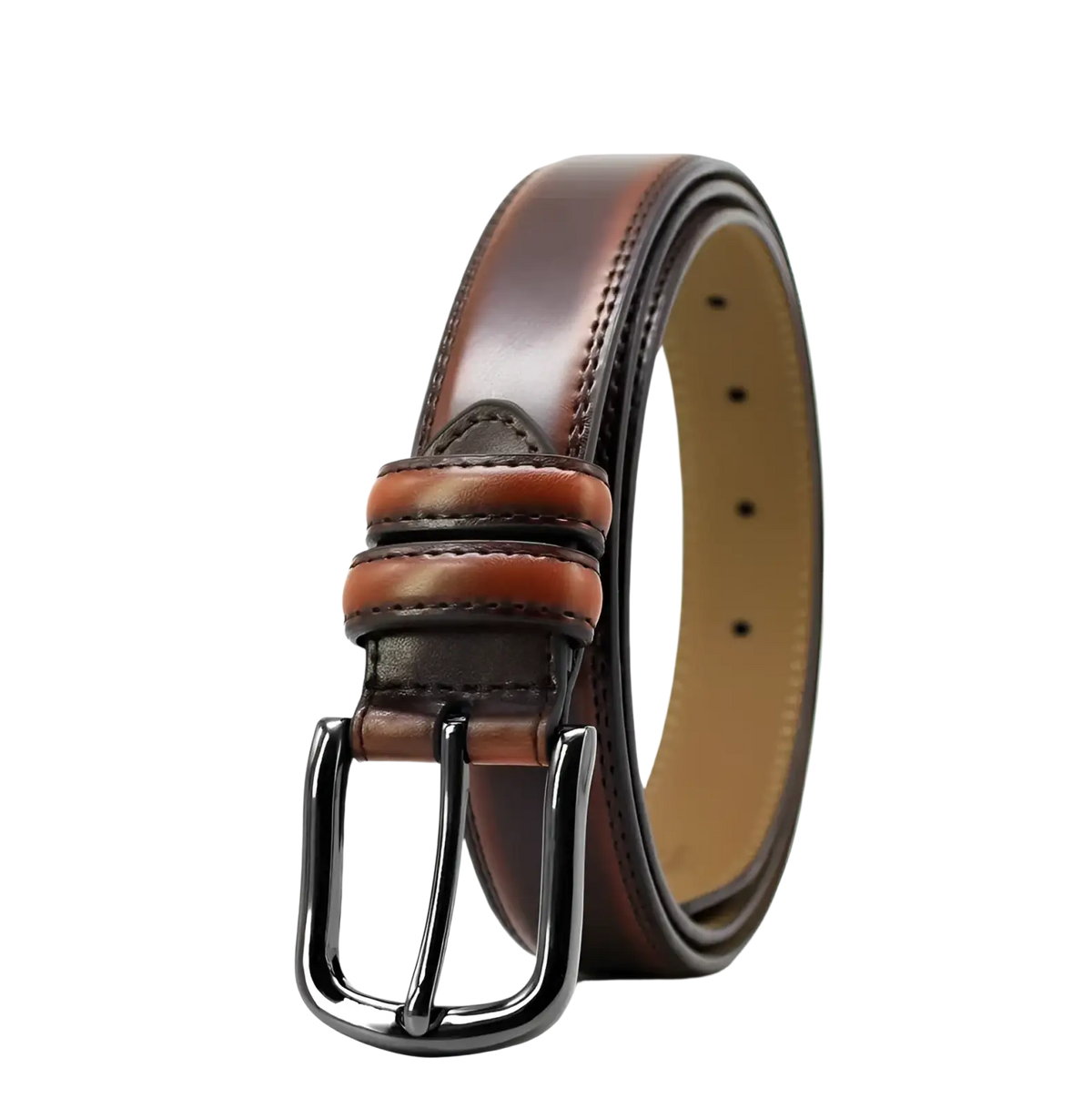 Genuine leather men reversible belt in brown with a black metal buckle shown from the front side
