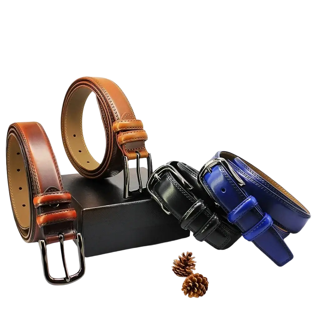Genuine leather men reversible belt in brown with polished metal buckle and contrasting tan stitching