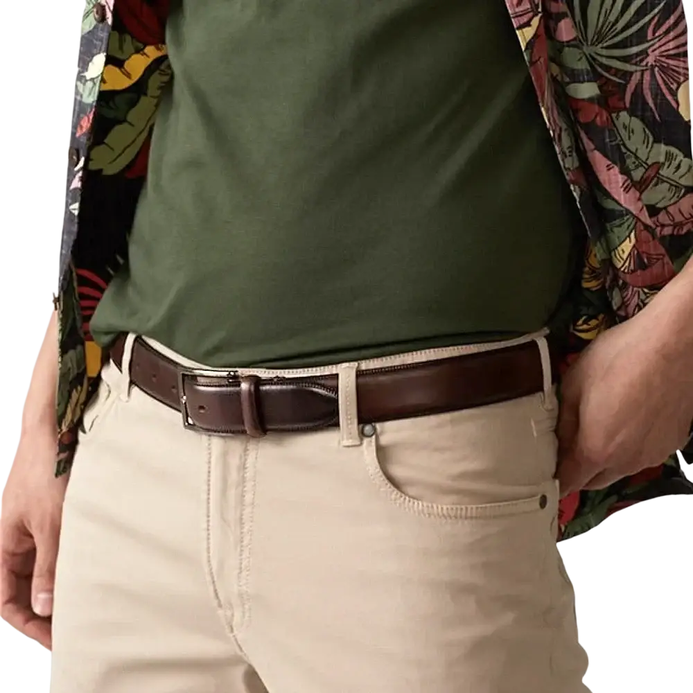 Genuine leather men reversible belt in brown with a silver-toned buckle showcasing premium craftsmanship