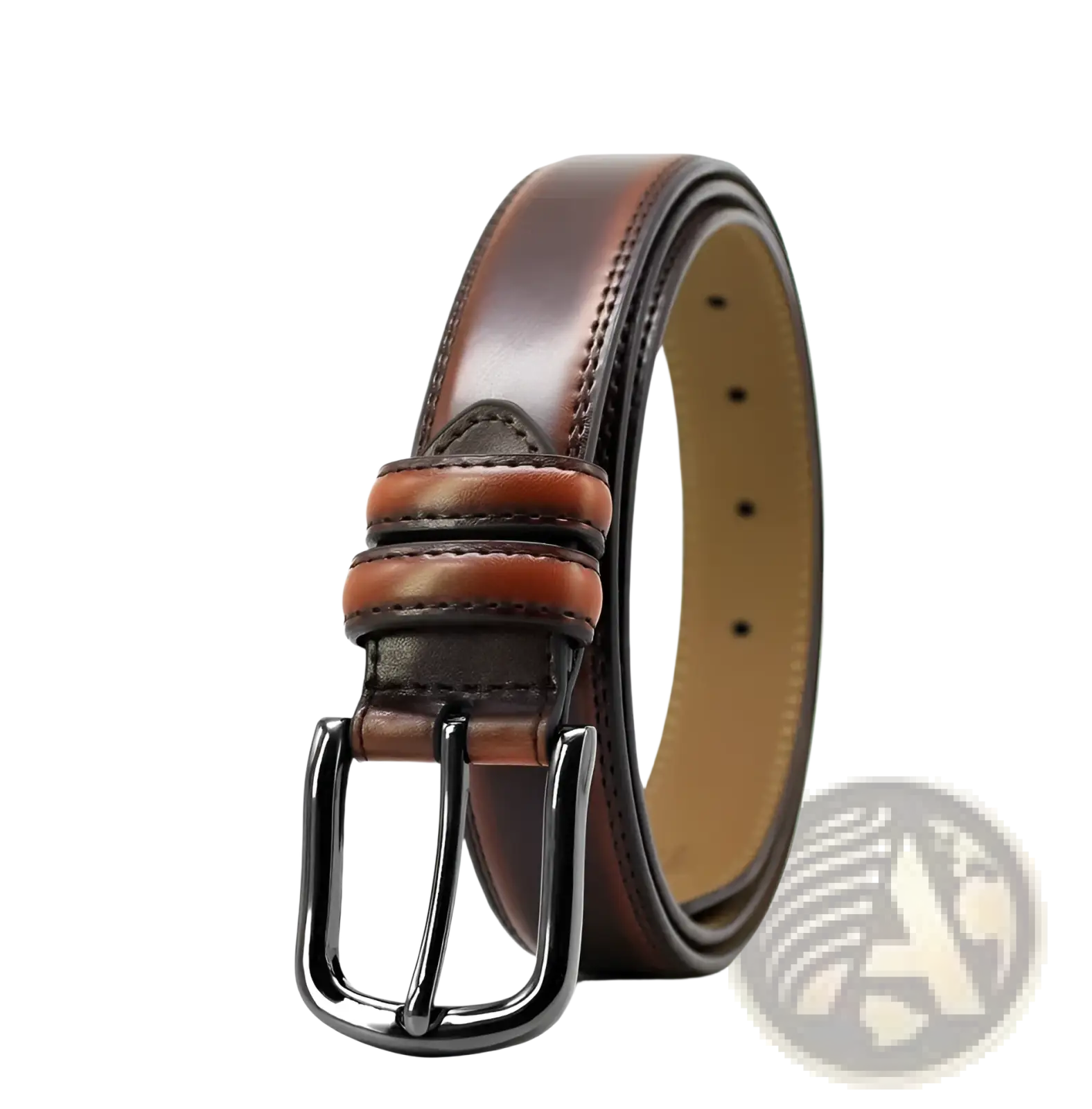 Genuine leather men reversible belt in brown with a black metal buckle shown from the front side