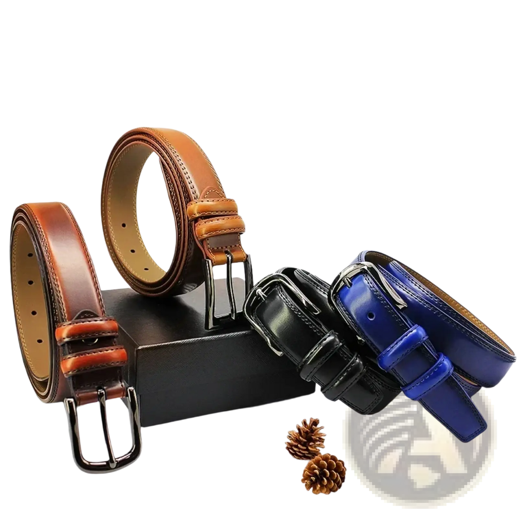 Genuine leather men reversible belt in brown with polished metal buckle and contrasting tan stitching