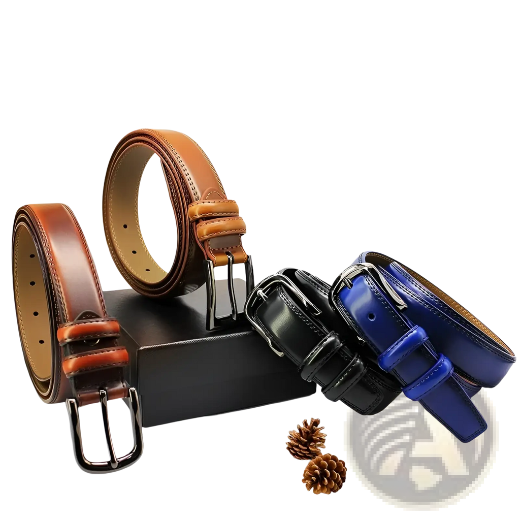 Genuine leather men reversible belt in brown with polished silver buckle and contrasting tan stitching