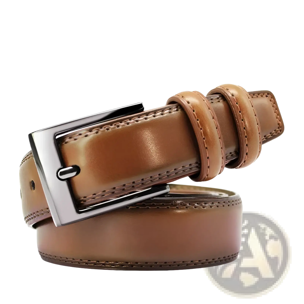 Genuine leather men reversible belt in brown with a sleek silver buckle and precise stitching