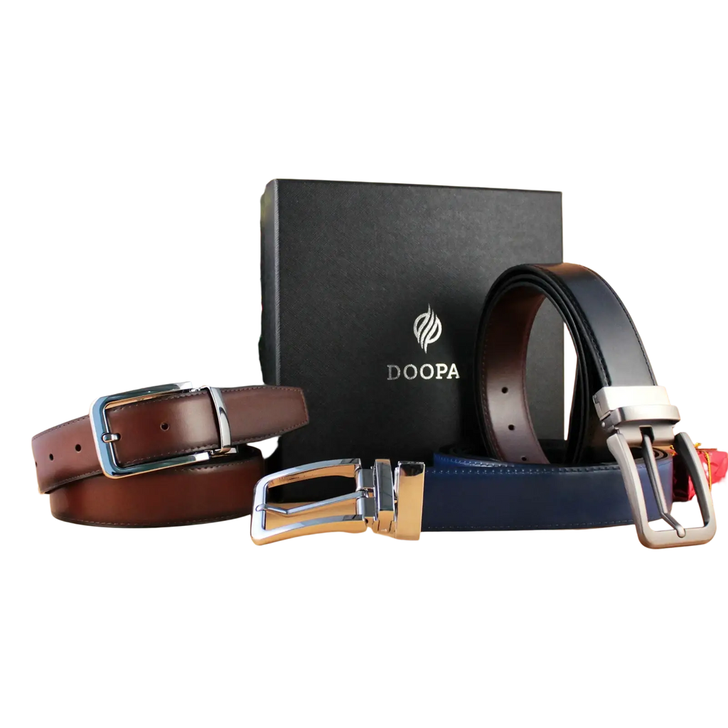 The doopa genuine leather men reversible belt features rich brown and navy blue tones with polished silver buckles