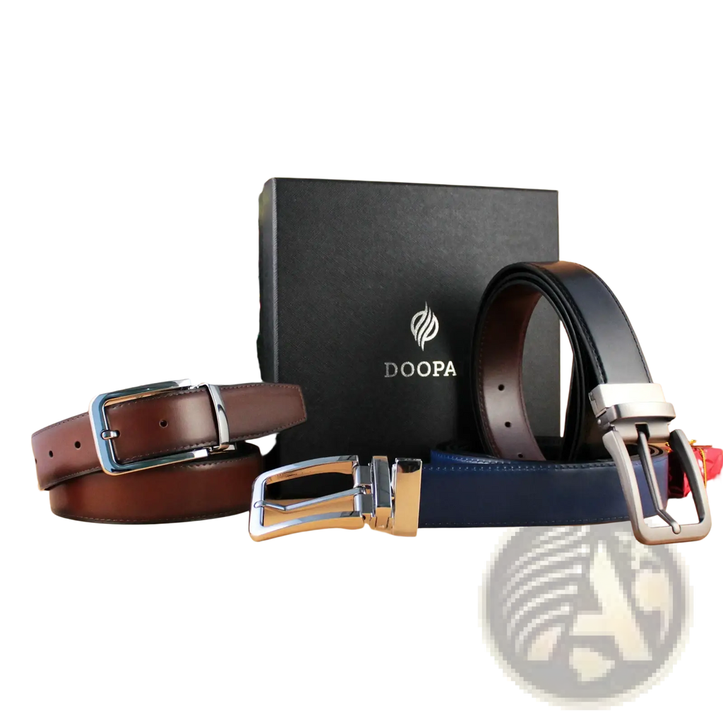 The doopa genuine leather men reversible belt features rich brown and navy blue tones with polished silver buckles