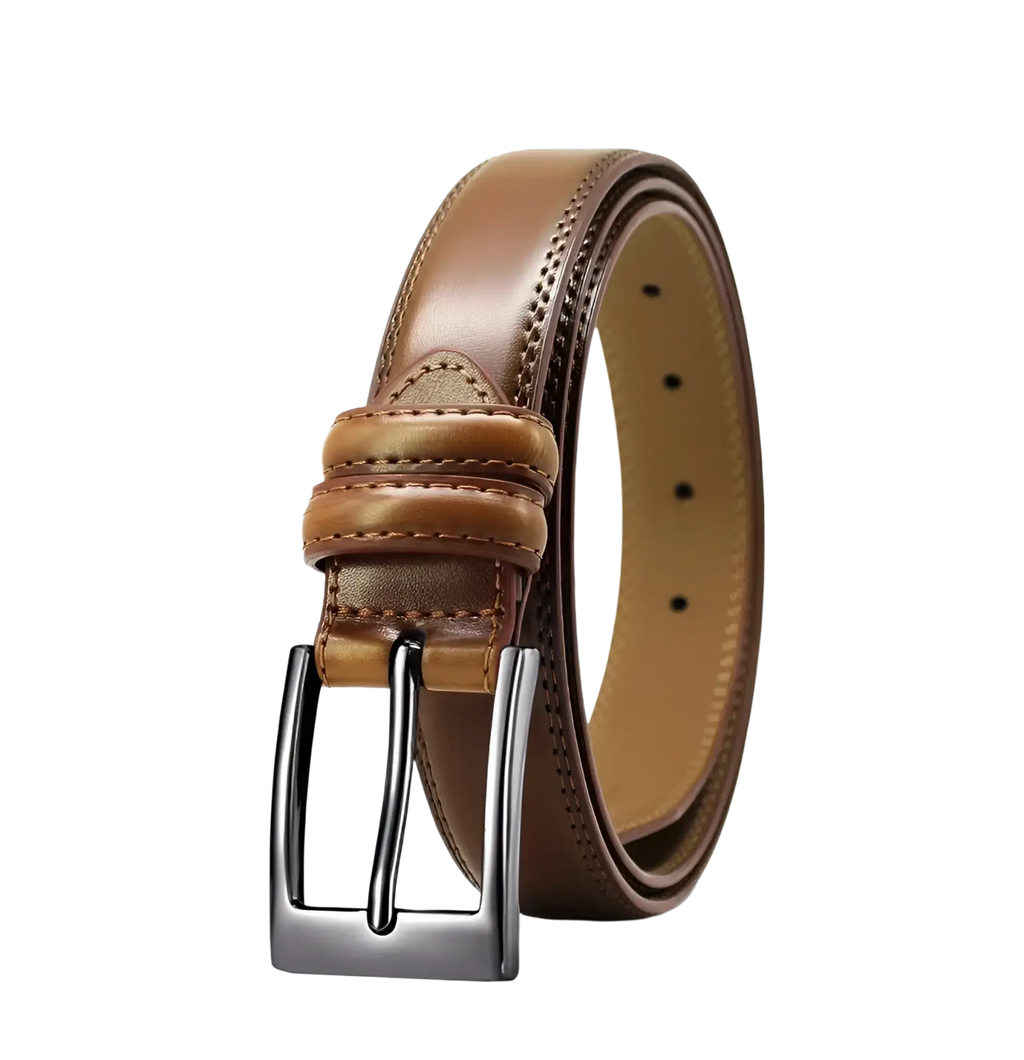 A sleek brown genuine leather men reversible belt with polished silver-toned buckle and subtle stitching details