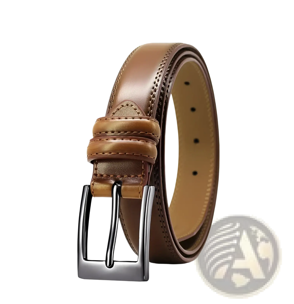 A sleek brown genuine leather men reversible belt with polished silver-toned buckle and subtle stitching details