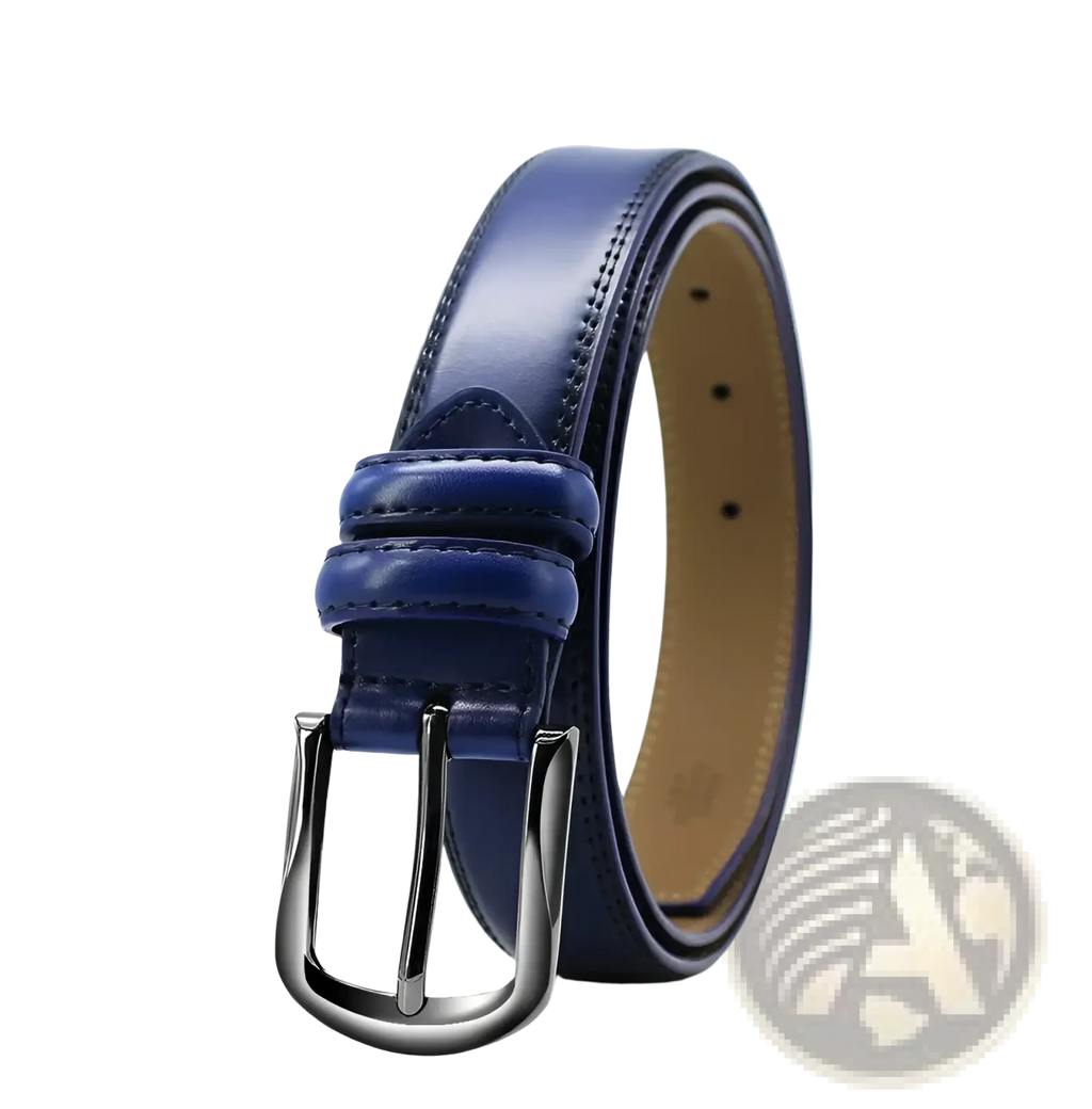 A genuine leather men reversible belt in sleek navy blue with a polished silver toned buckle
