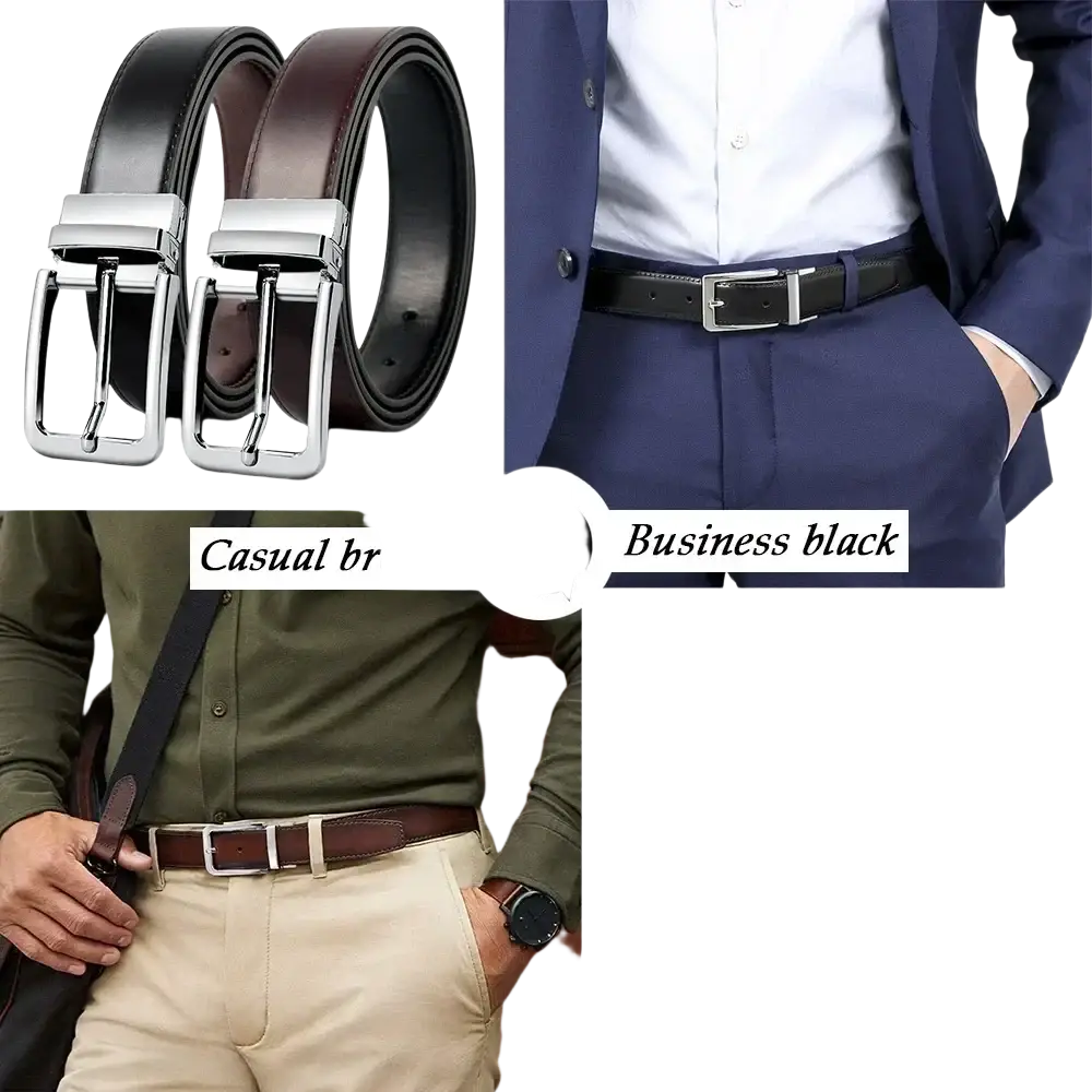 Genuine leather men reversible belt with smooth finish and silver-toned buckle in casual brown and business black