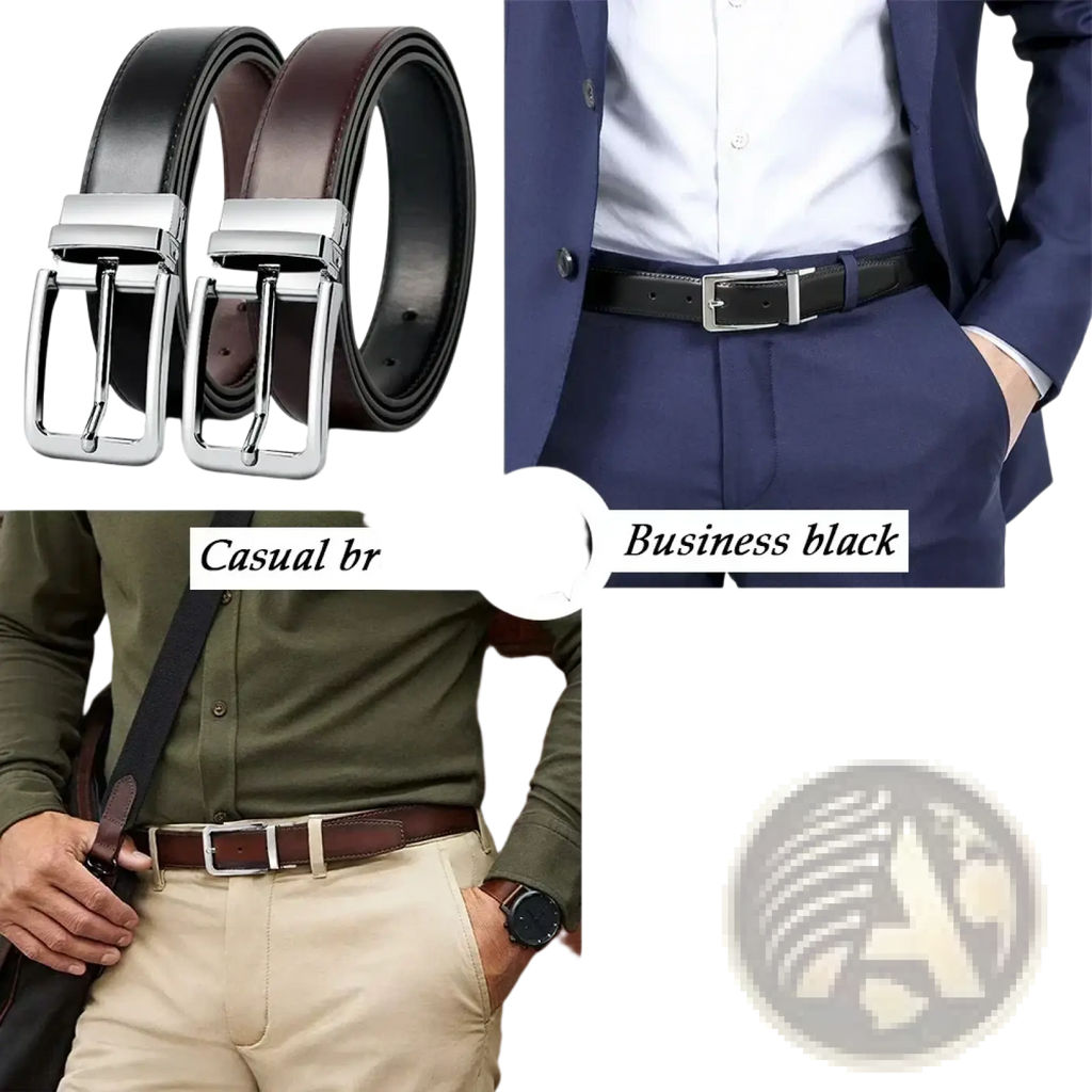 Genuine leather men reversible belt with smooth finish and silver-toned buckle in casual brown and business black