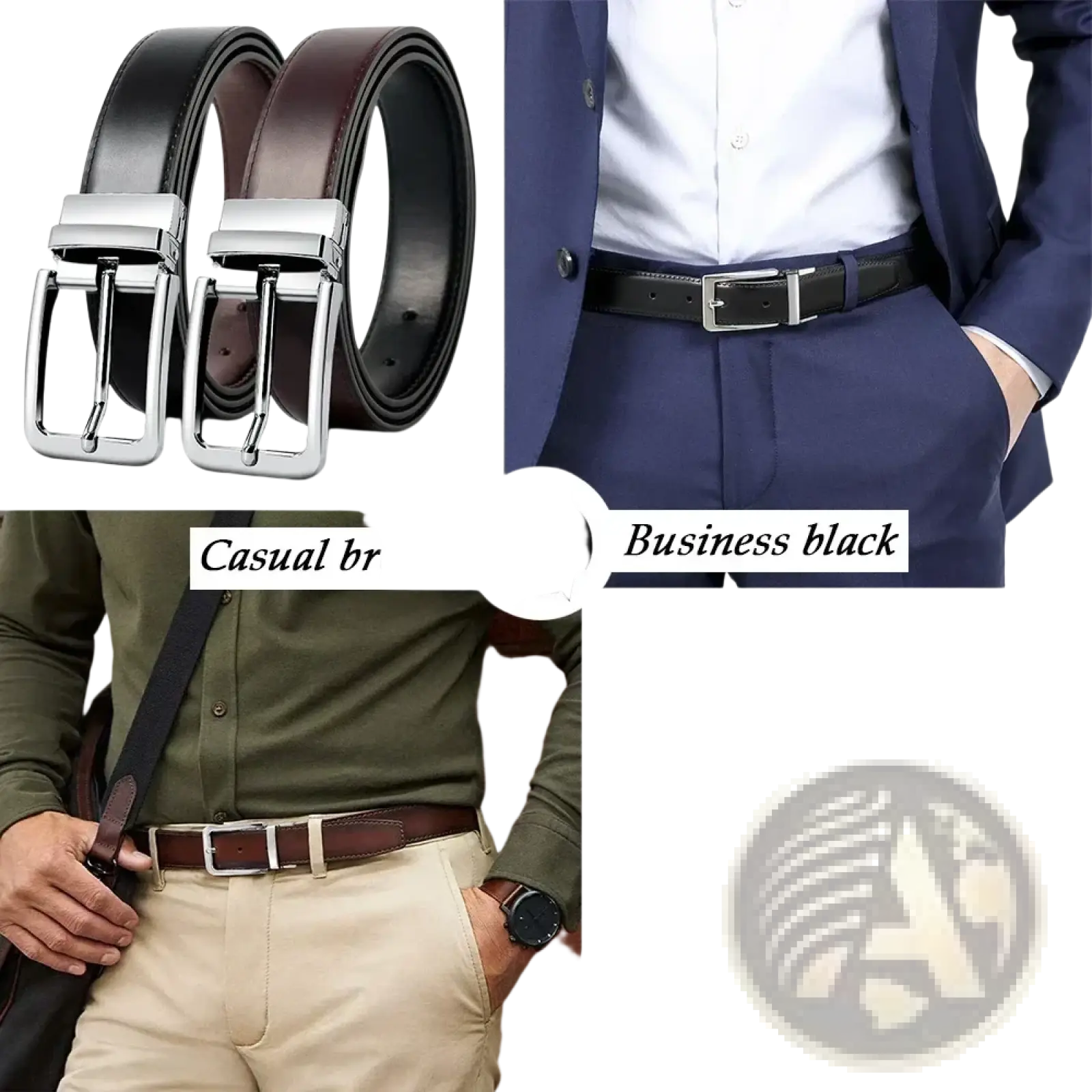Genuine leather men reversible belt with smooth finish and silver-toned buckle in casual brown and business black