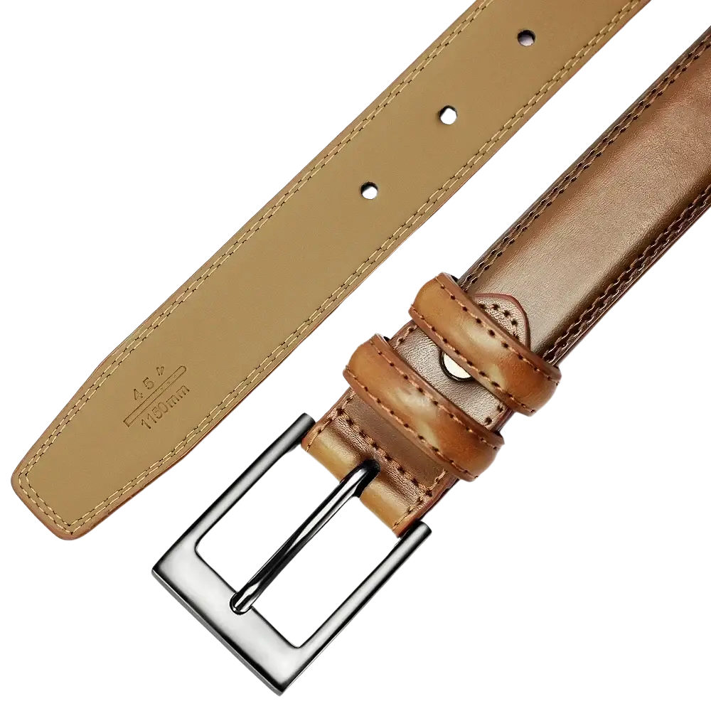 Genuine leather men reversible belt in tan with silver rectangular buckle and matching stitching