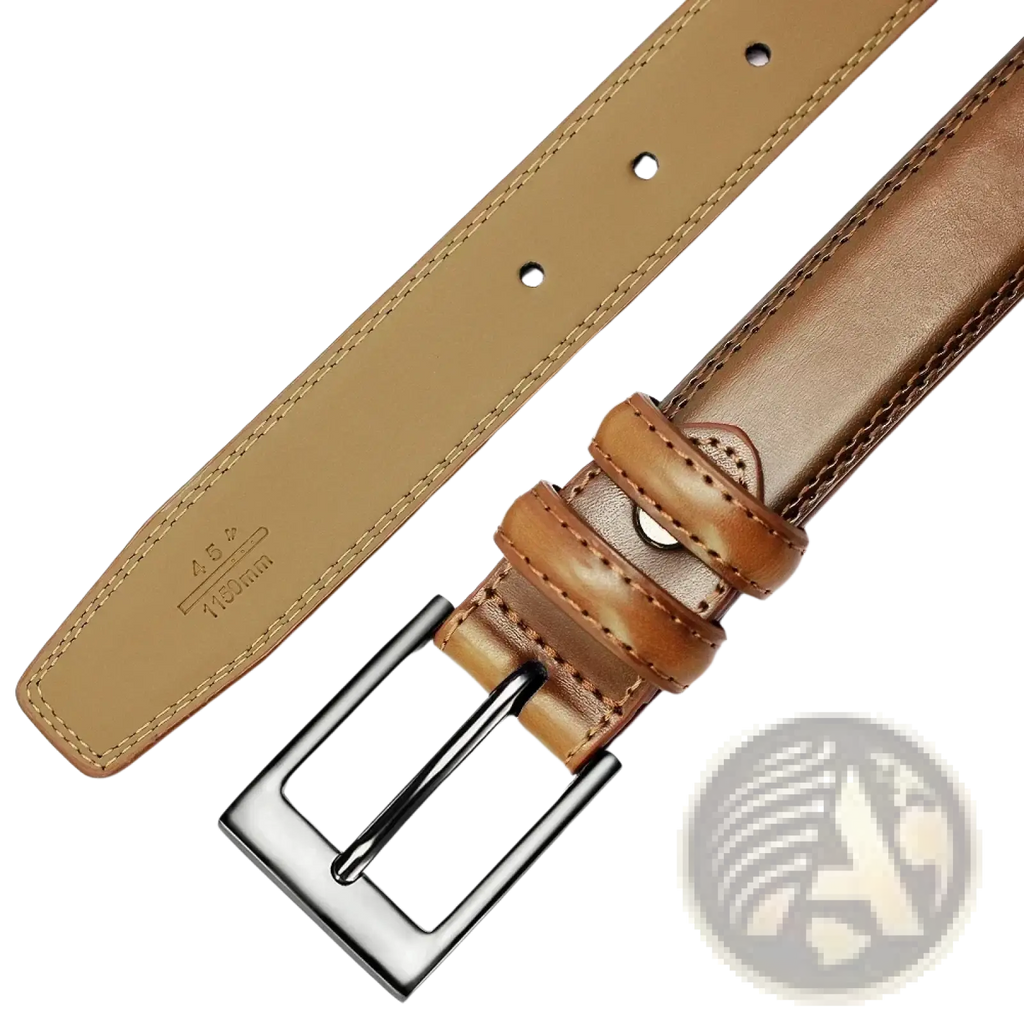 Genuine leather men reversible belt in tan with silver rectangular buckle and matching stitching