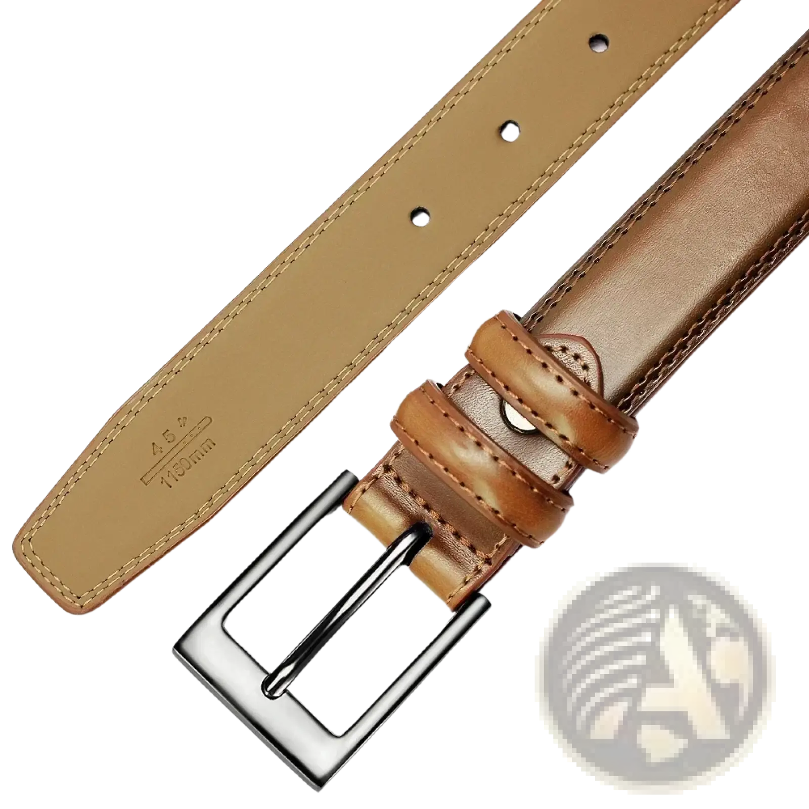 Genuine leather men reversible belt in tan with silver rectangular buckle and matching stitching