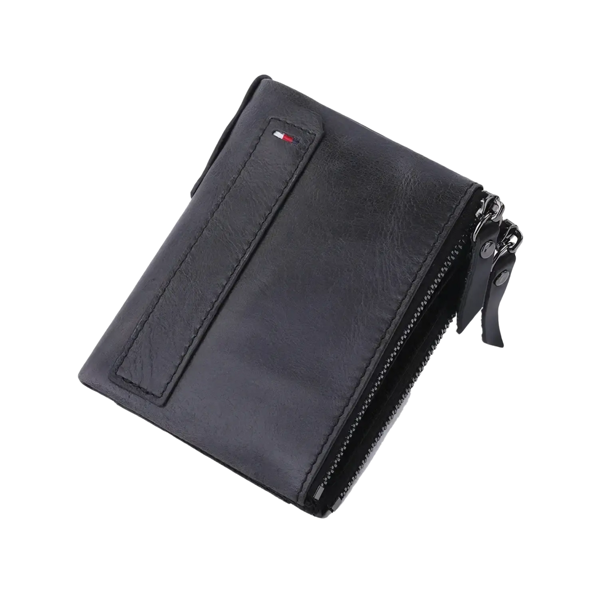 Genuine leather men short wallet in black with zipper closure and small logo patch on the front