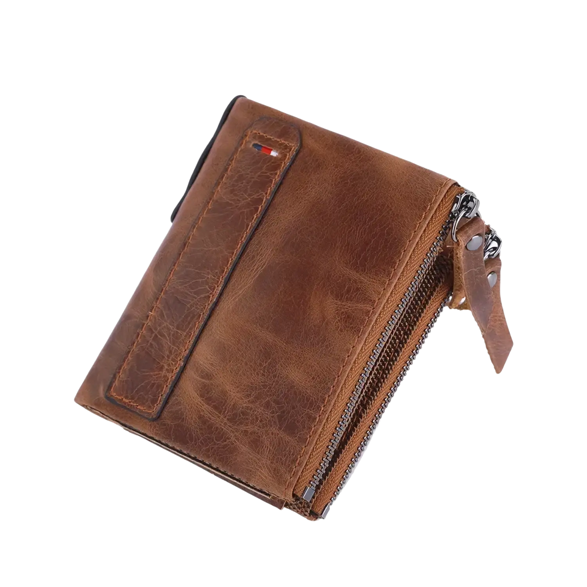 Genuine leather men short wallet in brown with textured worn finish and silver-toned zipper closure