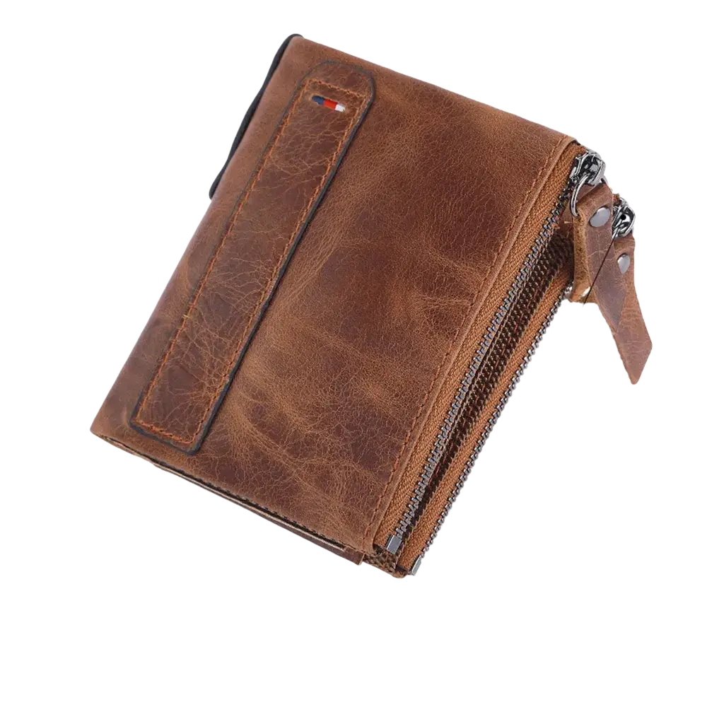Genuine leather men short wallet in brown with textured worn finish and silver-toned zipper closure