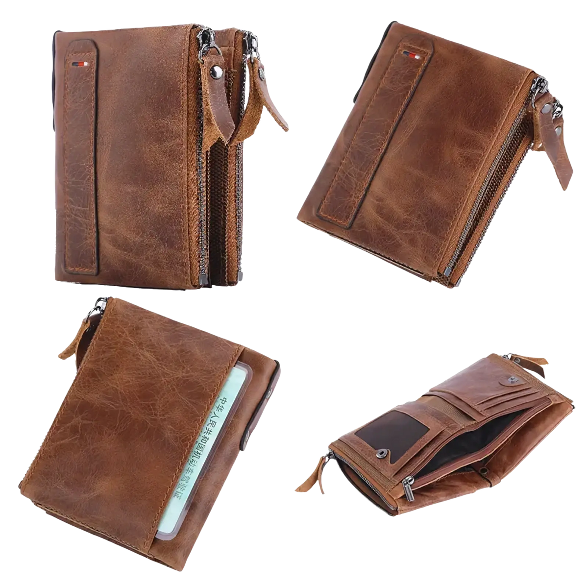 Genuine leather men short wallet in brown with a vintage distressed finish and dual zippers